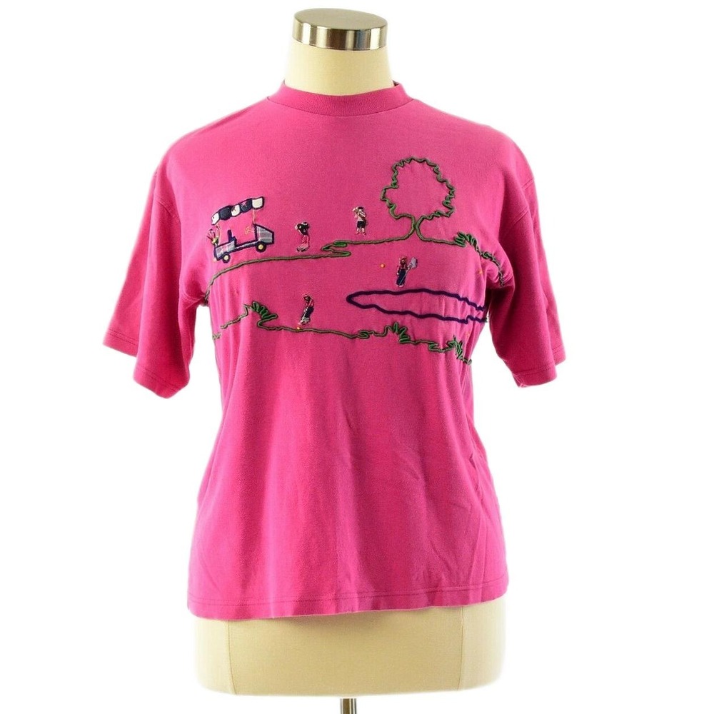 90s Vintage Embroidered Golf T Shirt Size L Novelty Pink Cotton Tee Made in USA